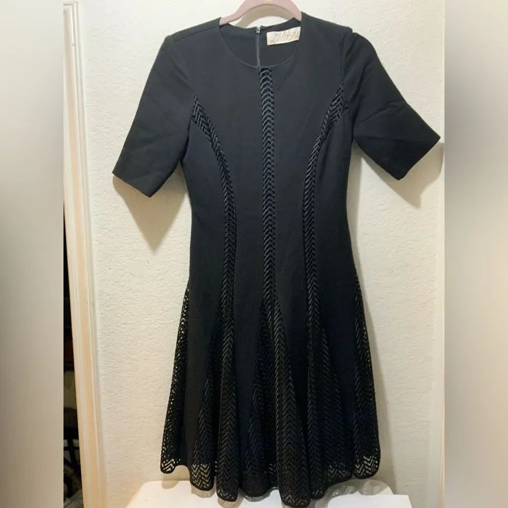 Lela Rose A-Line Fit & Flare Dress Black Women's 2 eyelet Knit Classic
